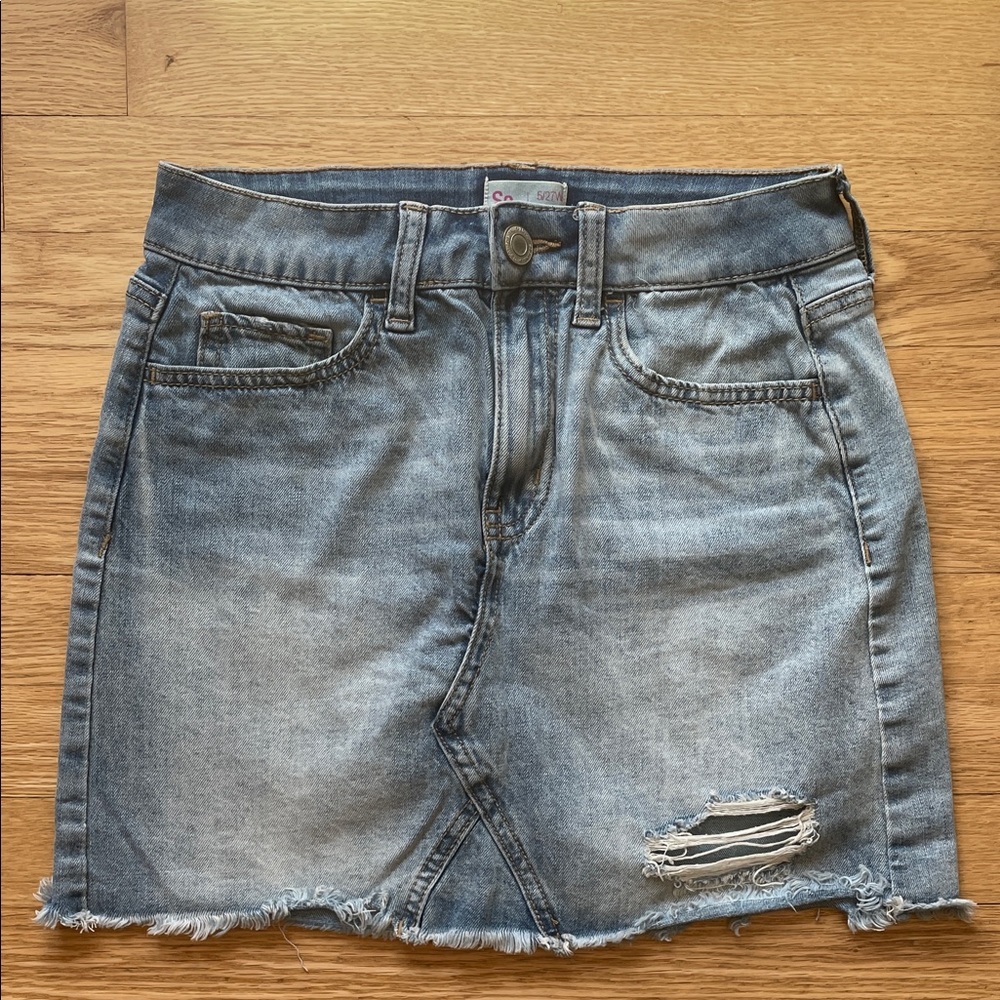 Denim Mini Skirt with Distressed Hem